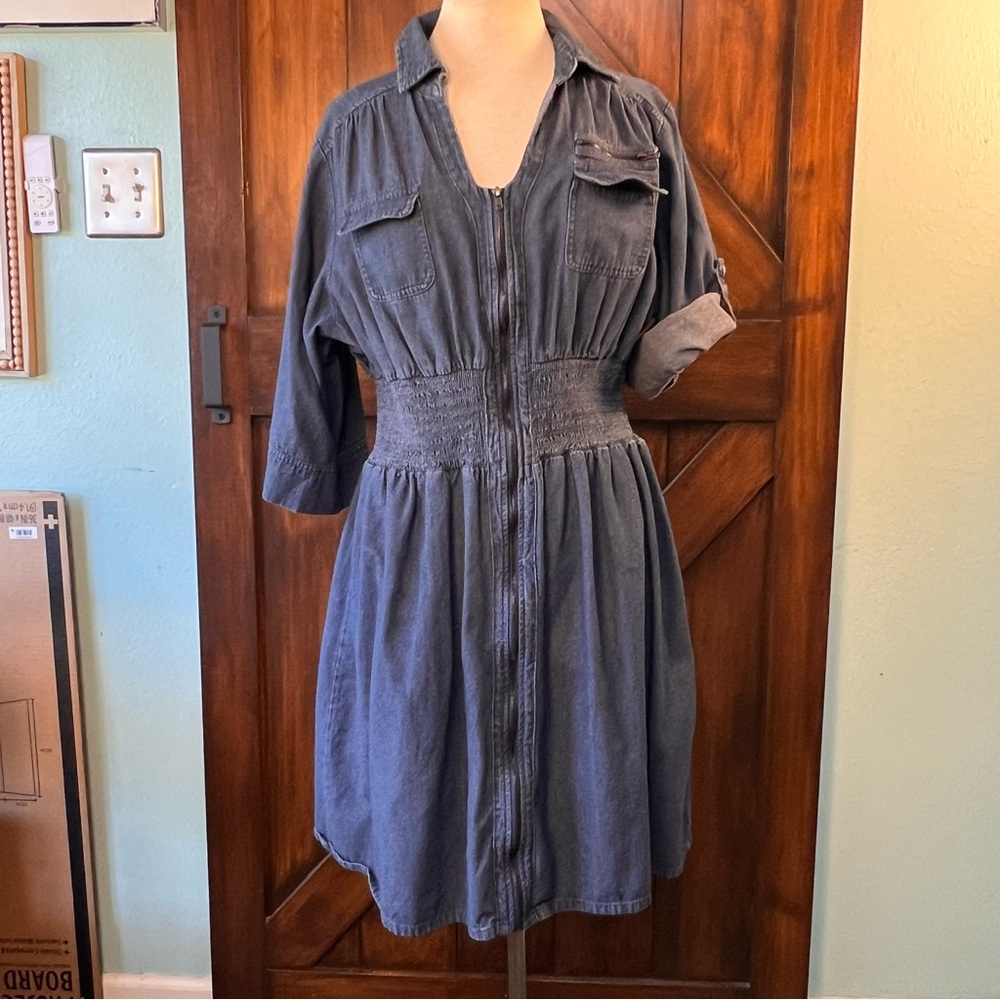 J Gee Y2K Denim Blue‎ Women's 2X Dress Roll Sleeves Knee Length